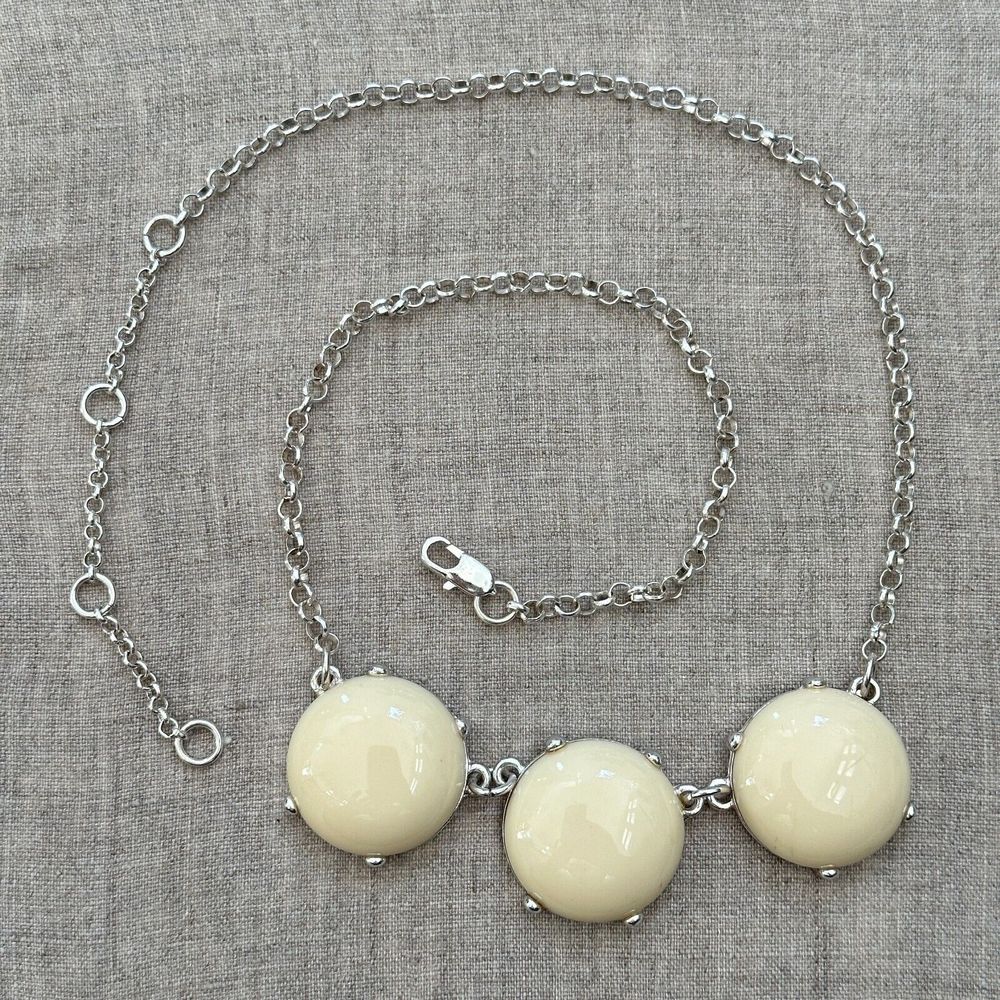 Silver Tone Chain 3 Three Round Beige Off-White Plastic Stones Necklace 23.5"